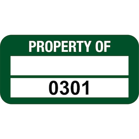 Lustre-Cal PROPERTY OF Label, Polyester Green 1.50in x 0.75in 1 Blank Pad & Serialized 0301-0400, 100PK 253772Pe2G0301